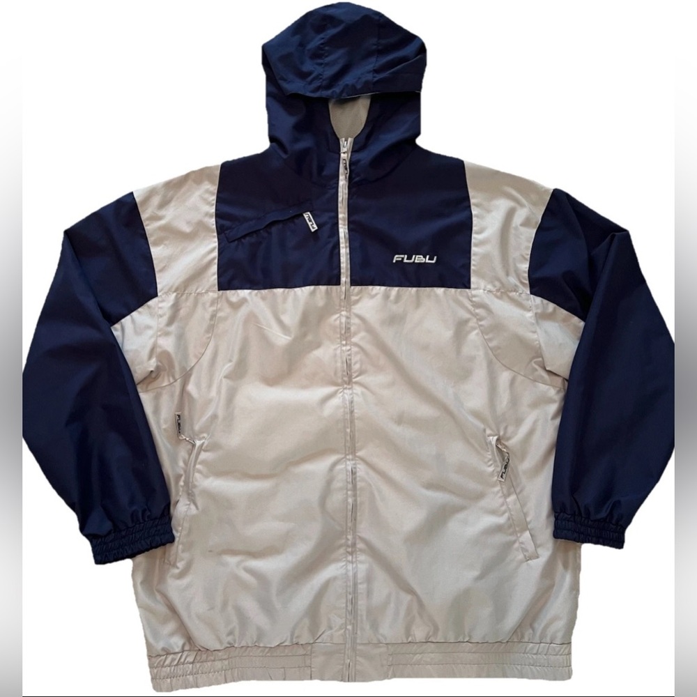 Vintage FUBU Jacket Mens XL Beige Blue Windbreaker Hip Hop Streetwear 90s Y2K